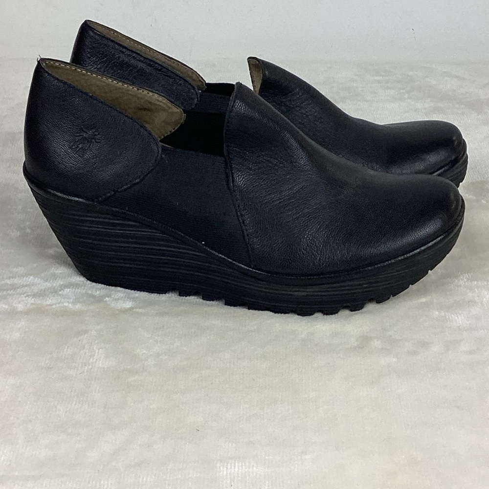 Fly London Black Leather Wedges - Picture 3 of 13